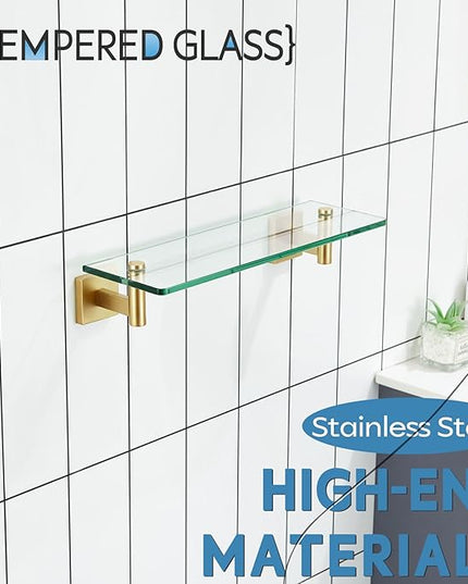 KOKOSIRI Wall Shelves Floating Shelf 16'' Stainless Steel Bathroom Hardware Tempered Glass Small Hanging Rack for Storage/Room Decor Gold B1105BG-L16