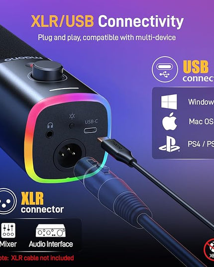 MAONO XLR/USB Gaming Microphone Kit: Dynamic PC Mic for Streaming Podcasting, Software Support, Mute Button, Gain Control, RGB Computer Mic with Boom Arm Stand, for Recording, PS4/PS5, PD100XS Black