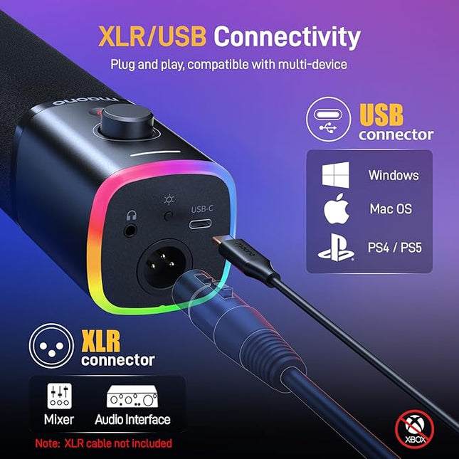 MAONO USB/XLR Dynamic Microphone for Gaming Streaming,Computer PC Microphone with Software-RGB, Mute Button, 48kHz/24bit Podcasting Desktop Mic for YouTube Video Recording PD100X
