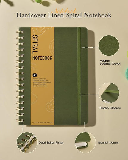 Graph Spiral Journal Notebook, A5 Hardcover Spiral Journals for Women Men, 100 GSM Graph Paper Notebooks, 150 Pages Spiral Bound Grid Notebook for Writing Note Taking Work 5.75" x 8.38" Olive Green