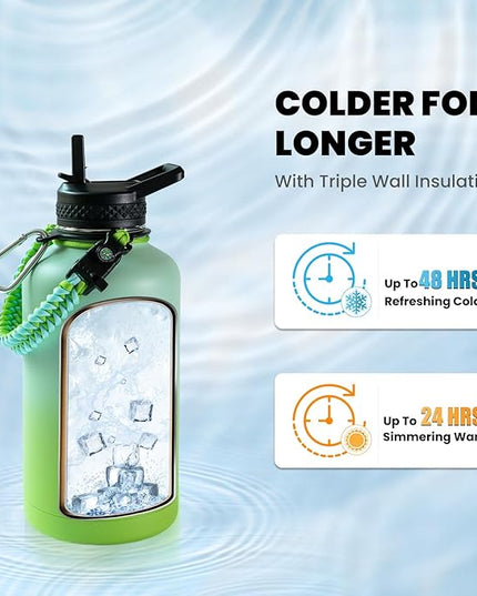 Insulated Water Bottle 64 oz, Triple Wall Vacuum Stainless Steel (Cold for 48 Hrs), Leak Proof & Non-BPA, Half Gallon Water Flask Jug with Paracord Handle & Straw Spout Lids