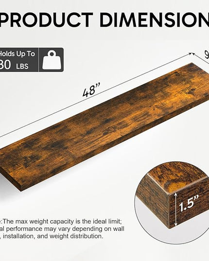 BAYKA Floating Shelves, 48 inches Long Wall Mounted Rustic Wood Shelves for Bathroom, Bedroom, Living Room, Kitchen, Office, Hanging Shelf for Books/Storage/Decor(Rustic Brown,Set of 2)