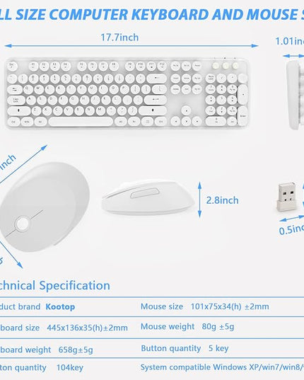 Wireless Keyboard Mouse Combo, 104 Keys Cute Colorful Keyboard with Number Pad & Mouse for Windows, Computer, PC, Notebook, Laptop (White)