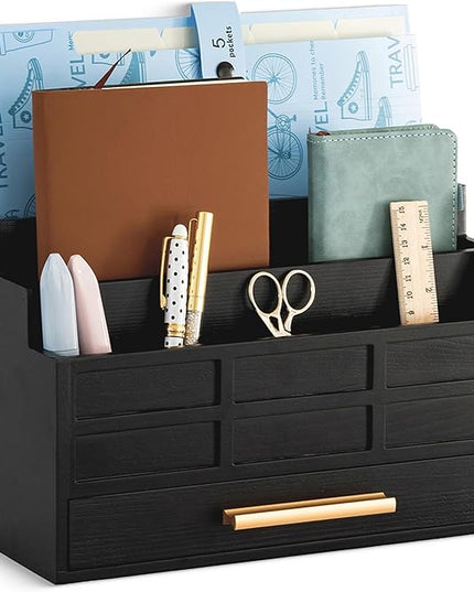 dreampossible Black Wood Desk Organizer and Accessories with Drawer, Bill Mail Organizer and File Mail Holder for Office Supplies, Rustic Desk Accessories & Workspace Organizers for Desk Organization