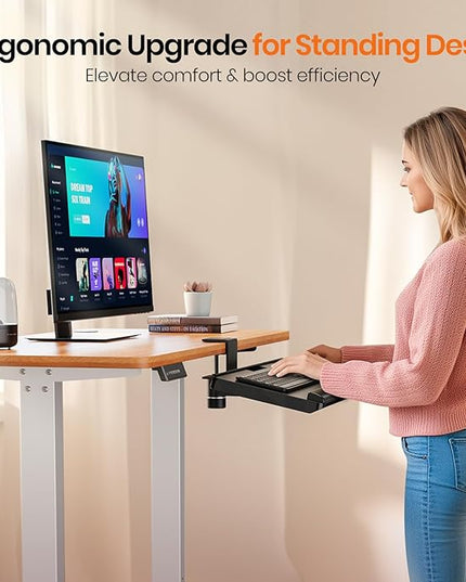 Klearlook Keyboard Tray Under Desk with 360° Rotation, Ergonomic Computer Keyboard & Mouse Tray 25"W×11.02"D Sit Stand Desk Keyboard Holder w/Wrist Rest & Storage Drawer (Height is not Adjustable)