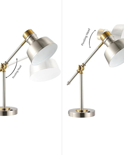 JONATHAN Y JYL7124B 18.5" Industrial Task Lamp with USB Charging Port, Nickel and Brass Farmhouse Desk Lamp with Adjustable Head for Office, Bedroom Bedside Reading, LED Bulb Included