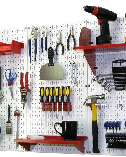 Wall Control Pegboard Organizer 4 ft. Metal Pegboard Standard Tool Storage Kit with White Toolboard and Red Accessories