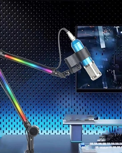 Desk Microphone Arm Stand, 360 Degree Adjustable Metal Boom Arm Mic Desk Stand with RGB Light for Live Gaming Broadcasting Recording, Singing and TV Stations