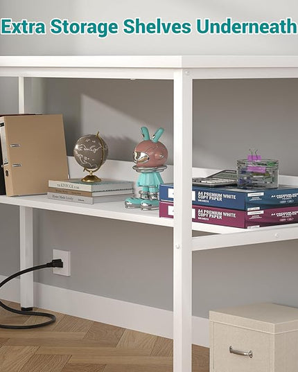 Reversible L Shaped Gaming Desk with Power Outlets and USB Charging Ports, Sturdy Computer Desks with Storage Shelf, Modern Corner Desk Home Office Table, Easy to Assemble, White