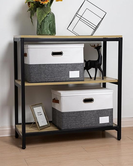 PRANDOM Foldable Storage Bins with Lids [3-Pack] Fabric Collapsible Storage Boxes Baskets Cubes Containers with Handles for Closet Living Room Bedroom (Grey & White 17.7x11.8x11.8'')