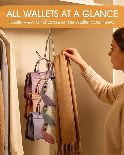 Purse Hanger Organizer for Closet, Space Saving Metal Hook Rack for Handbags, Belts, Ties, Scarves, Keep Items Visible & in Shape, 360° Swivel Storage Hanger, Silver