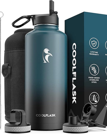 Coolflask Water Bottle 87 oz with Straw, 2/3 Gallon Insulated Stainless Steel Large 3 Lids Big Water Jug for Sports or Office, Non-BPA Keep Cold Up to 48 Hrs or Hot Up to 24 Hrs, Samurai Cyan