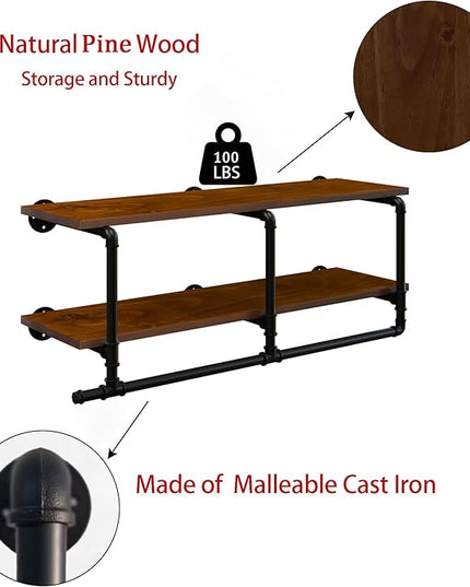 Wall Mounted Clothes Rack 12 Inch Deep, 42 Inch Heavy Duty Garment Rack with Real Walnut Wood Shelf, Multi-Purpose Hanging Rod & Space-Saving Closet Storage Organizer