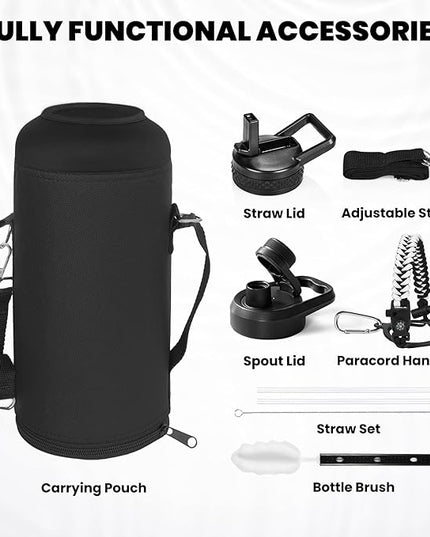 Insulated Water Bottle 87 oz, Triple Wall Vacuum Stainless Steel (Cold for 48 Hrs), Leak Proof & Non-BPA, Modern Water Flask Jug with Paracord Handle & Straw Spout Lids, Ombre: White/Black