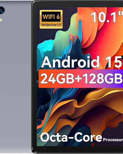 URAO Tablet,10.1" Android 15 Tablet with Octa-core Processor 24GB RAM 128GB ROM HD IPS Touchscreen 8H Battery, Wi-Fi 6, BT 5.0, Dual Camera, Android Tablets