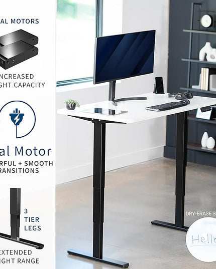 VIVO Electric 60 x 24 in Dual Motor Sit Stand Desk, Memory Height Adjustment, 2B Series, White Dry Erase Top Black Frame, DESK-KIT-2B6WE