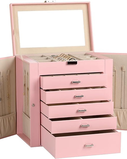Frebeauty Large Jewelry Box,6-Tier PU Leather Jewelry Organizer,Multi-functional Storage Case with Mirror,Accessories Holder with 5 Drawers for Necklace Bracelets Watches(Pink)