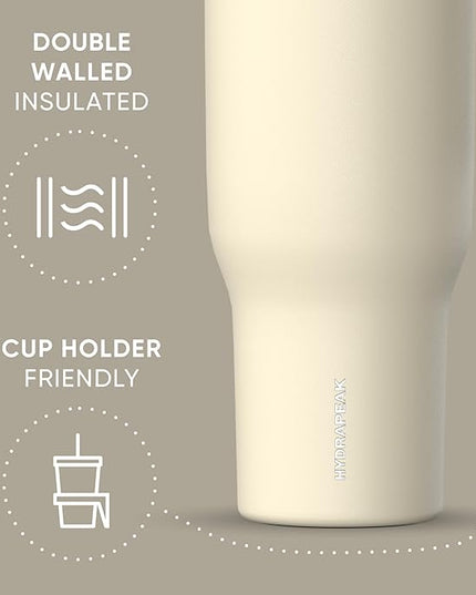 Hydrapeak Voyager 40 Oz Stainless Steel Tumbler with Handle, Insulated Water Bottle With Straw & Lid, Cupholder Friendly Reusable Travel Mug (Modern Cream)
