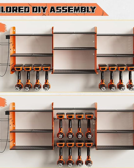 Power Tool Organizer with Charging Station Wall Mount, 3 Layer Expanded Heavy Duty Garage Organization, 45.5 Inch Length Garage Tool Storage, 8 Drills, 2 Assemble Method, Orange