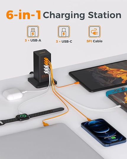 USB C Charger Blcok PD 100W, TESSAN 6-in-1 Charging Station for Multiple Devices, Desktop Tower Charger with 6 USB Ports for iPhone 17/16/15, MacBook, Tablet, Office Home Dorm Room Accessories