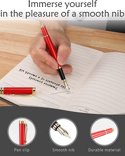 Tiankool Luxury Fountain Pen,Fine Nib, Exquisite Pen Gift Set for Men&Women-Includes 10 Ink Cartridges&Ink Converter- Nice Pens - Red