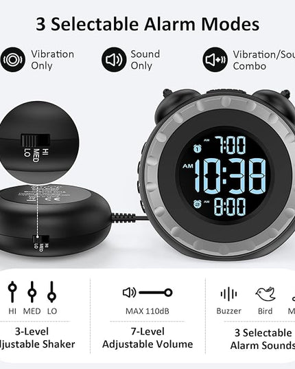 uscce Loud Dual Alarm Clock with Bed Shaker - 0-100% Dimmer, Vibrating Alarm Clock for Heavy Sleepers or Hearing Impaired, Easy to Set, USB Charging Port, Snooze, Battery Backup