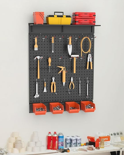 TORACK Garage Metal Pegboard with Accessories, Tools Organizer Peg Board with Pegboard Hooks, Wall Mounted Bins, Tool Storage Pegboards for Wall(Black)
