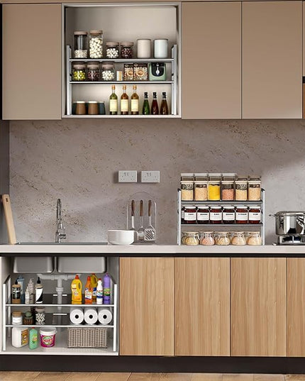 Expandable Under Sink Organizer and Storage, 2-Tier Height Adjustable Under Cabinet Organizer Shelf with 8 Removable Panels for Bathroom Kitchen Multi-Purpose Storage (8 Panels)