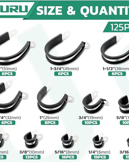 125PCS Cable Clamp,12 Sizes Stainless Steel Rubber Coated Cushioned Insulated Cable Clamps Assortment Kit-Metal Wire Clamps,Cable Clips,Pipe Clamps