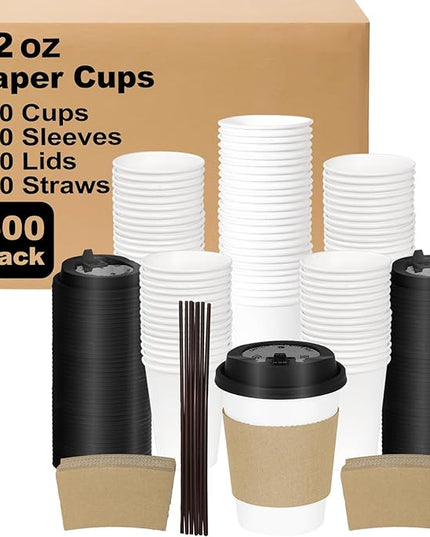 Coolcap 12 oz 500 Pack Coffee Cups with Lids and Sleeves, Straws, Hot Disposable To Go Travel Paper Cups Bulk for Office, Home Coffee Bar Accessories, Chocolate, Cocoa, Beverage (White)