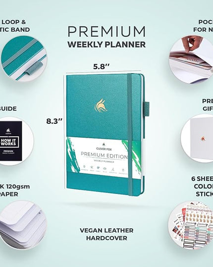 Clever Fox Planner Premium Edition – Undated Luxurious Weekly & Monthly Planner to Increase Productivity and Hit Your Goals – Organizer – Start Anytime, A5, Lasts 1 Year, Aquamarine (Weekly)