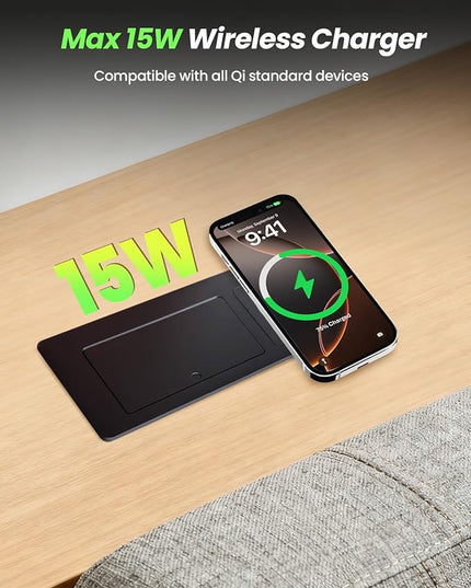 Conference Table Power Hub 15W Wireless Charger and PD20W Type-C Fast Charging, Pop up Outlet Desktop Connection Box with 2AC Outlets and USB Ports for Kitchen Countertop Conference Room, Black