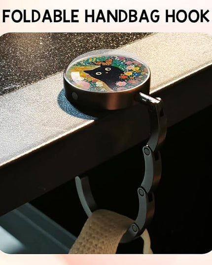 YAZMEEN Spring Black Cat Foldable Purse Hook for Table, Watercolor Black Cat Flowers, Women's Handbag Hanger Holder, Portable Purse Table Hanger, Funny Desk Hook Gifts for Mom Wife Sister Friend BFF