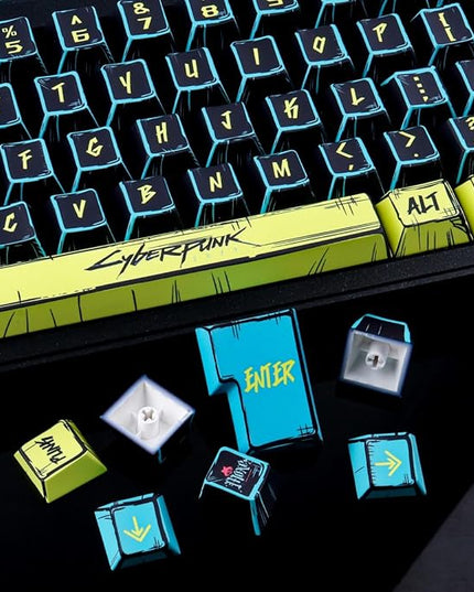 JOMKIZ PBT Keycaps - Japanese Manga Theme Keycaps Set, 131 Keys Cherry Profile Dye-Sub Custom Keycap, Cyberpunk 2077 Minimalist Style Key Caps for 60%, 65%, 75%, 100% Cherry MX Mechanical Keyboard