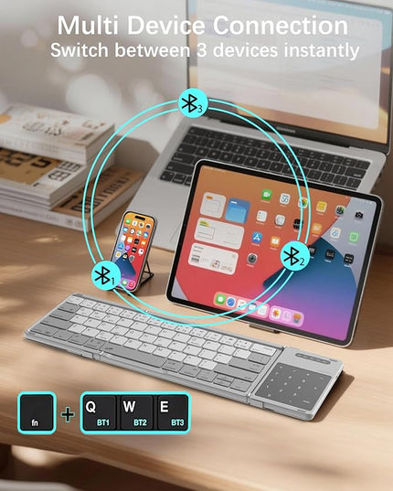Nillkin Upgraded Foldable Bluetooth Keyboard with Touchpad & Number Pad, Portable Wireless Keyboard for Travel, Pocket-Sized, Full Size Keys, Support 3 Devices for iPad Laptop Tablets Phone, Gray