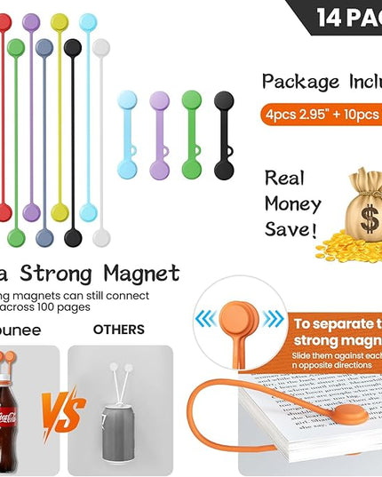 Tounee Reusable Silicone Magnetic Cable Ties - 2 Sizes Combo (4pcs 2.95'' + 10pcs 7.68'') - Multi-Purpose for Cable Bundling, Organizing, Bookmarks & Fridge Magnets - Assorted Colors, 14-Pack