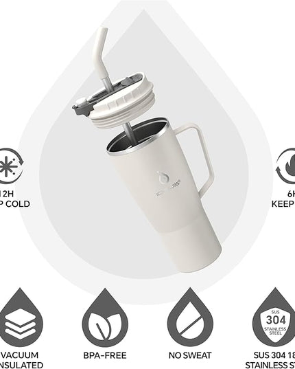 Ideus 32 oz Tumbler with Handle and Straw, Vacuum Insulated Stainless Steel Travel Mug, 100% Leakproof, Cup Holder Friendly, White