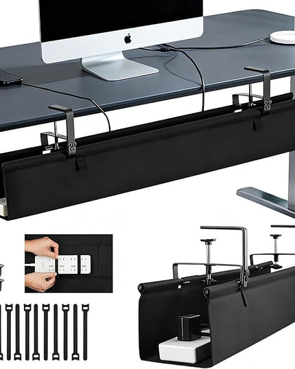 Oxford Cloth Under Desk Cable Management Tray,No-Drill 36" Desk Cable Management Organizer with Clip/Screw Installation,Fabric Cable Management for Home,Office & Gaming Computer(Black)
