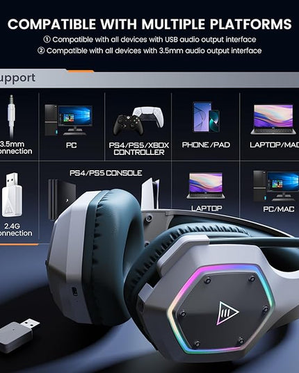 EKSA E1000WT Wireless Gaming Headset,2.4GHz USB Gaming Headphones with Microphone for PC, PS5, PS4, Nintendo Switch, 7.1 Surround Sound Headset, RGB Light, Ergonomic Design for Birthday Gift