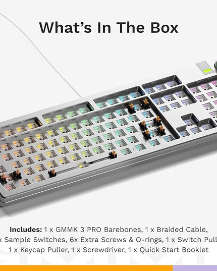 Glorious Gaming - GMMK 3 PRO Barebones Custom Keyboard Kit w/Knob, Custom Modular Aluminum Body & Gasket System, Hotswappable 100% Keyboard, Sound Dampening Foam, Aluminum Switch Plate ANSI (Silver)