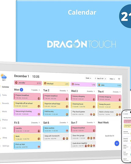 Dragon Touch 21.5" Digital Calendar Chore Chart – 1080P Full HD Interactive Touchscreen, Smart Family Planner, Hearth Display Digital Wall Calendar & Desk Mountable for Seamless Scheduling