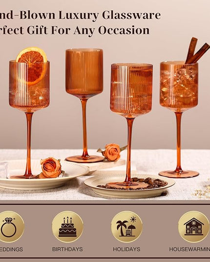 Halloween Decorations Maple Colored Square Wine Glasses Set of 6, Elegant Ribbed Design Amber Crystal Glassware with Long Stem, 11.5oz Hand Blown Stemware For Halloween, Thanksgiving