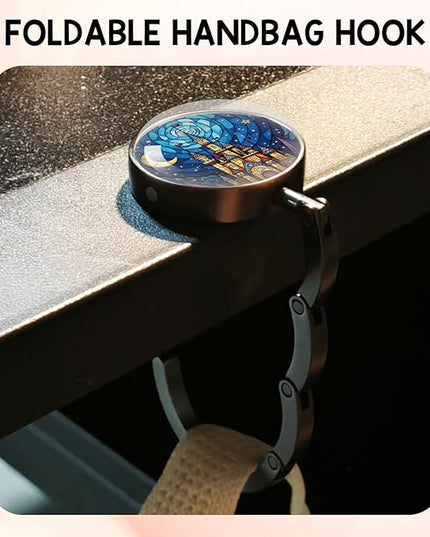 YAZMEEN Stained Glass Foldable Purse Hook for Table, Stained Glass Castle, Women's Handbag Hanger Holder, Portable Purse Table Hanger, Funny Desk Hook Gifts for Women Mom Wife Sister Friend Bestie