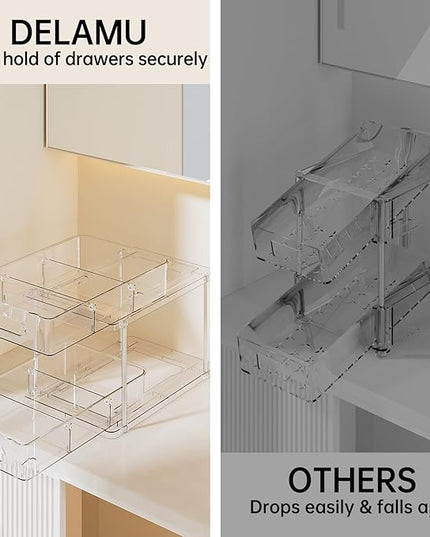 Delamu 2 Tier Snap-Lock Bathroom Under Sink Organizers and Storage, Multi-Purpose Cabinet Drawers with Movable Dividers, Pull Out Organization for Countertop, Kitchen and Pantry(Clear, 2 Pack)