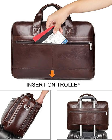 Augus Leather Briefcases for Men, Waterproof Travel Messenger Duffle Bags 17 Inch Laptop Bag YKK Zipper (cofee-1)