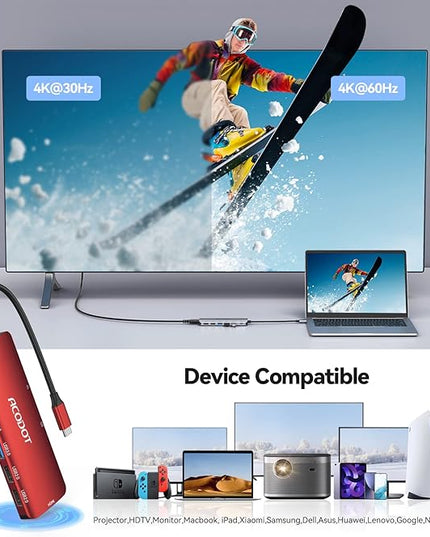 Acodot 9-in-1 USB C Hub Multiport Adapter - 4K@60HZ HDMI, 3 USB 3.0 Ports, SD/TF Card Reader, 100W PD for MacBook Pro Air HP XPS - Red