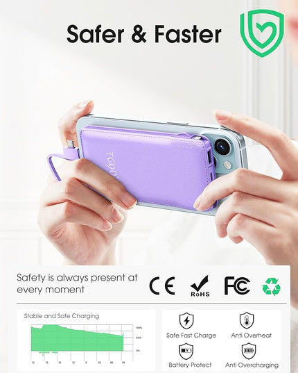 TG90° Portable Charger,10000mAh Power Bank Built-in Cables and AC Wall Plug,USB C Portable Bank,Travel Essentials Phone Charger Compact External Battery Pack Compatible with iPhones,iPad, Samsung