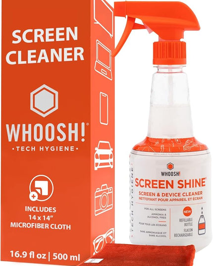 WHOOSH! Screen Shine Pro 16.9 fl oz Refillable Screen Cleaner for TV, OLED, and Monitors – Streak-Free Spray with Microfiber Cloth – Safe for Flat Screen, LCD, Smart Displays – Non-Toxic and Odorless