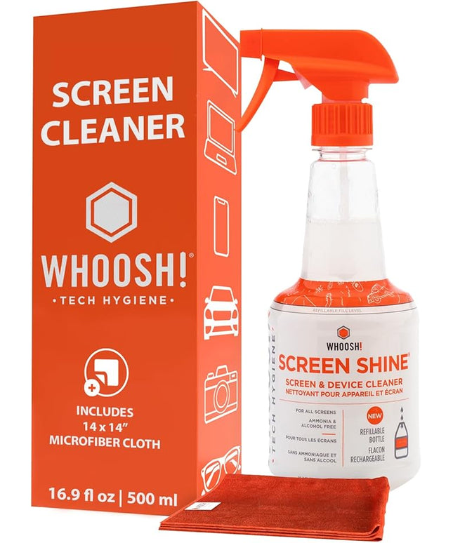 WHOOSH! Screen Shine Pro 16.9 fl oz Refillable Screen Cleaner for TV, OLED, and Monitors – Streak-Free Spray with Microfiber Cloth – Safe for Flat Screen, LCD, Smart Displays – Non-Toxic and Odorless