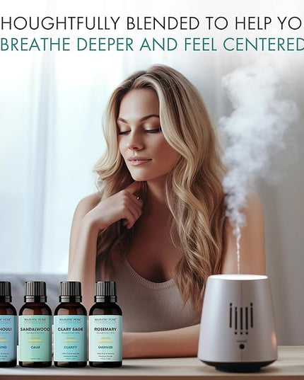 Majestic Pure, Rosemary, Sandalwood, Clary Sage and Patchouli Meditation Essential Oil Set | Perfect for Meditation, Yoga, Relaxation or Mindful Mornings | Pack of 4 x 0.3 Fl Oz